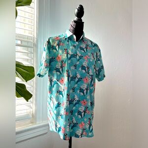 Tropical Blue shirt with beautiful pink flower and toucan pattern